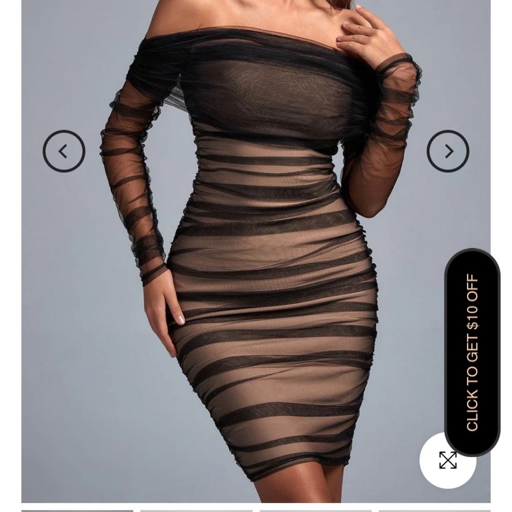 Off-Shoulder Black Mesh Midi Dress